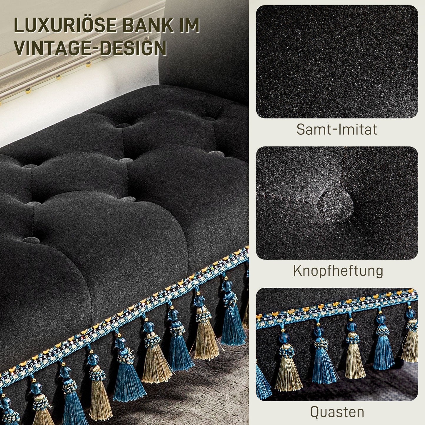 Bankje – Opbergbank – Zitbank – Halbank – Bedbank – Donkergrijs Fluweel – Houten Poten – Opbergruimte – 150 kg Draagkracht – 117x40x58 cm