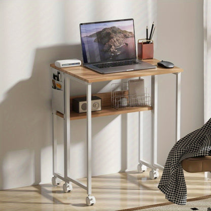 Mobiel Computerbureau – Bureau Met Wieltjes – Opvouwbaar Bureau – Werktafel – Laptoptafel – Compact Ontwerp – Houten Blad Met Metaalframe – Inclusief 2 Planken En Opbergruimte