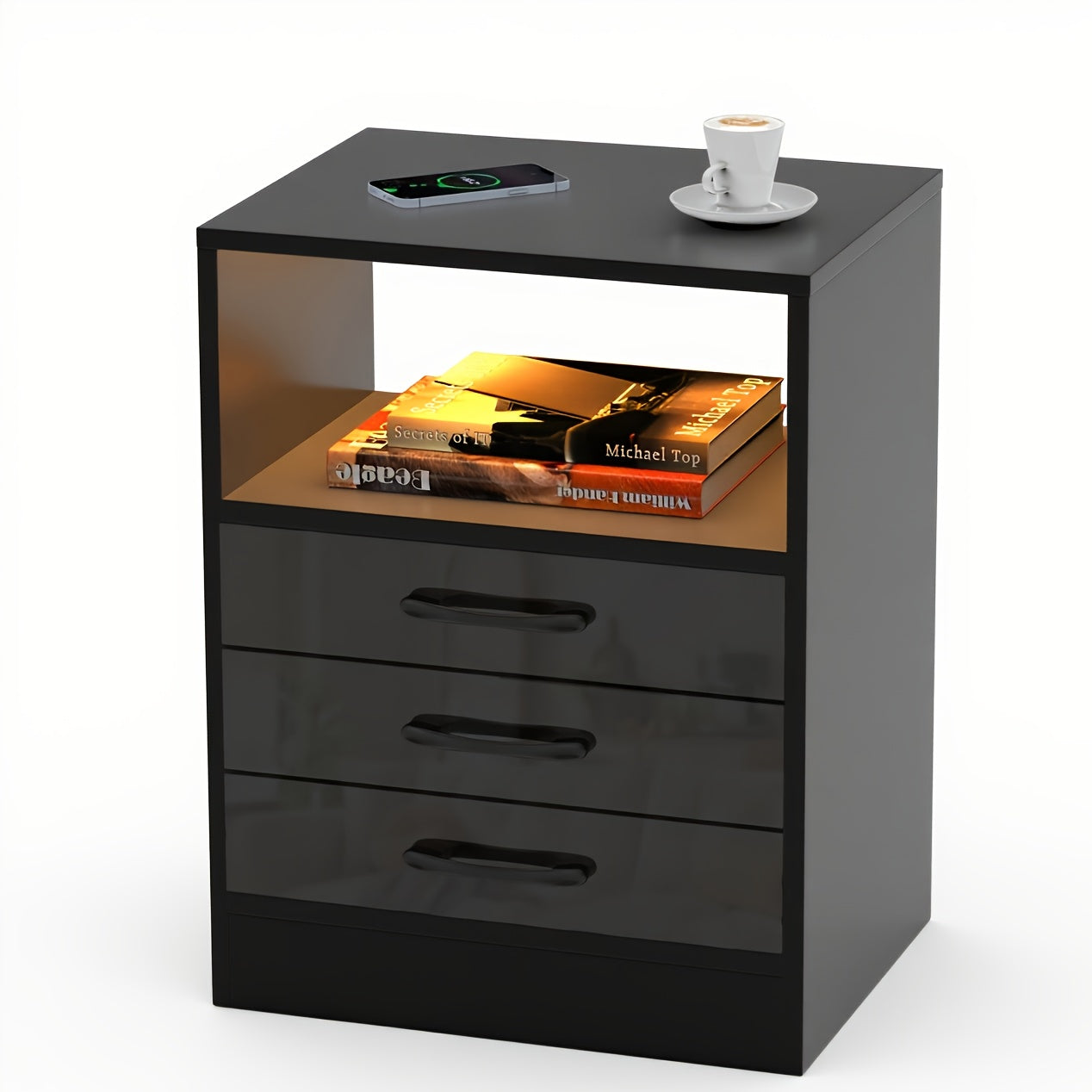 Zwarte Bijzettafel met 3 Lades – Multifunctionele Side Table met Open Kast en Grote Opbergcapaciteit, 60x45x35 cm – Schuifladen met Handgrepen, Geschikt voor Woonkamer of Slaapkamer