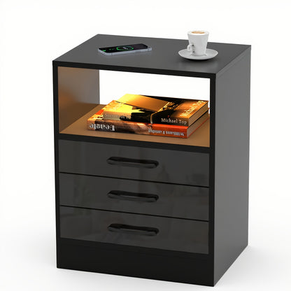 Zwarte Bijzettafel met 3 Lades – Multifunctionele Side Table met Open Kast en Grote Opbergcapaciteit, 60x45x35 cm – Schuifladen met Handgrepen, Geschikt voor Woonkamer of Slaapkamer