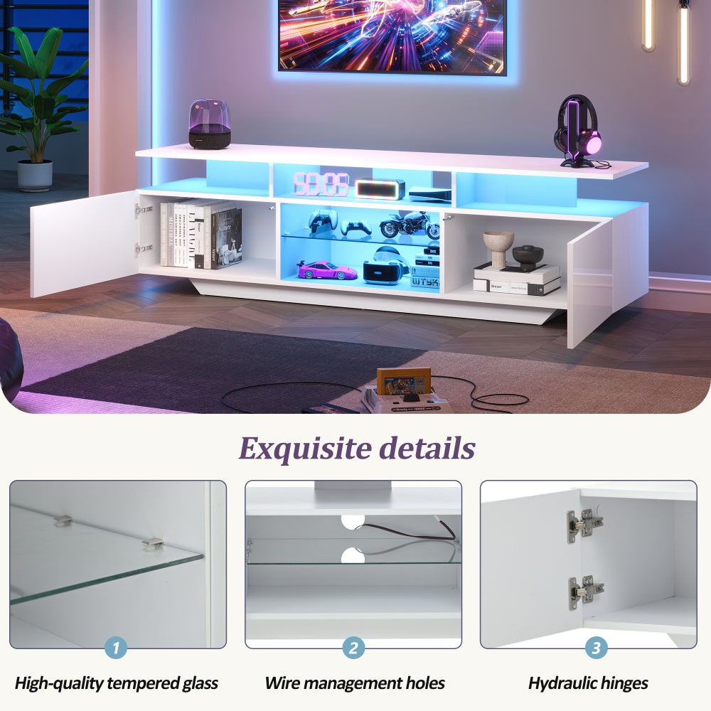 TV Meubel – TV Kast – TV Dressoir – Entertainment Meubel – Media Meubel – Wit Hoogglans – 160 cm Breed – MDF Met Gehard Glas
