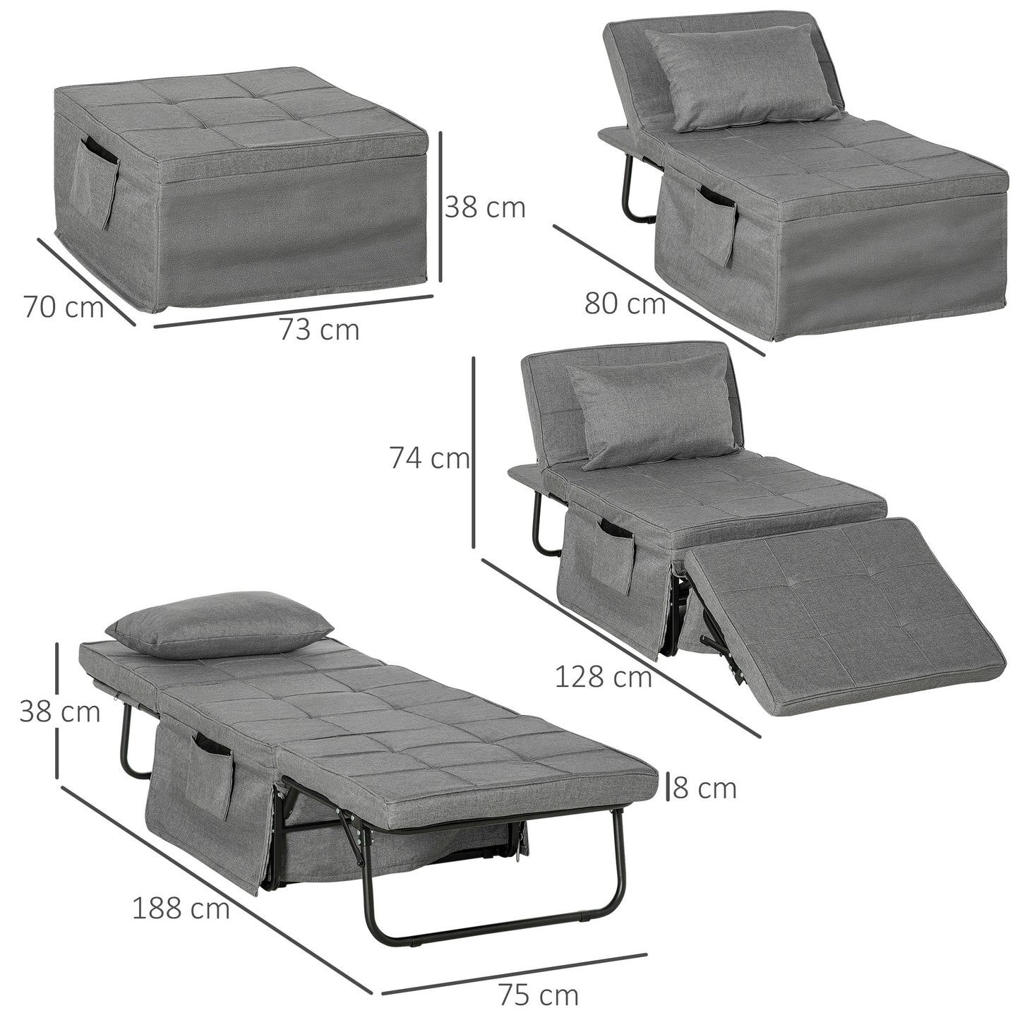 Opvouwbed – Vouwbed – Opklapbed – Logeerbed – Eenpersoonsbed – 8 cm Matras – 5-standen Verstelbare Rugleuning – Stabiel Stalen Frame – Grijs – 188x75x38 cm