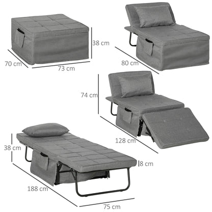 Opvouwbed – Vouwbed – Opklapbed – Logeerbed – Eenpersoonsbed – 8 cm Matras – 5-standen Verstelbare Rugleuning – Stabiel Stalen Frame – Grijs – 188x75x38 cm