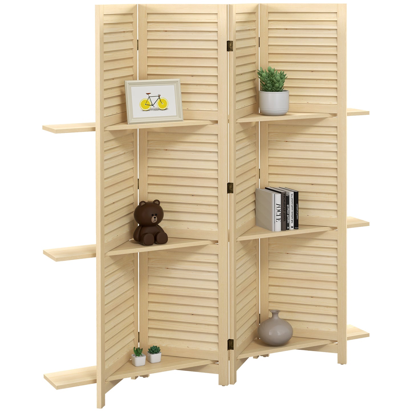 Kamerscherm – Roomdivider – Scheidingswand – Paravent – Kamerverdeler – 4 Panelen – Paulownia Hout – 3 Planken – Inklapbaar – Natuurlijke Houtkleur