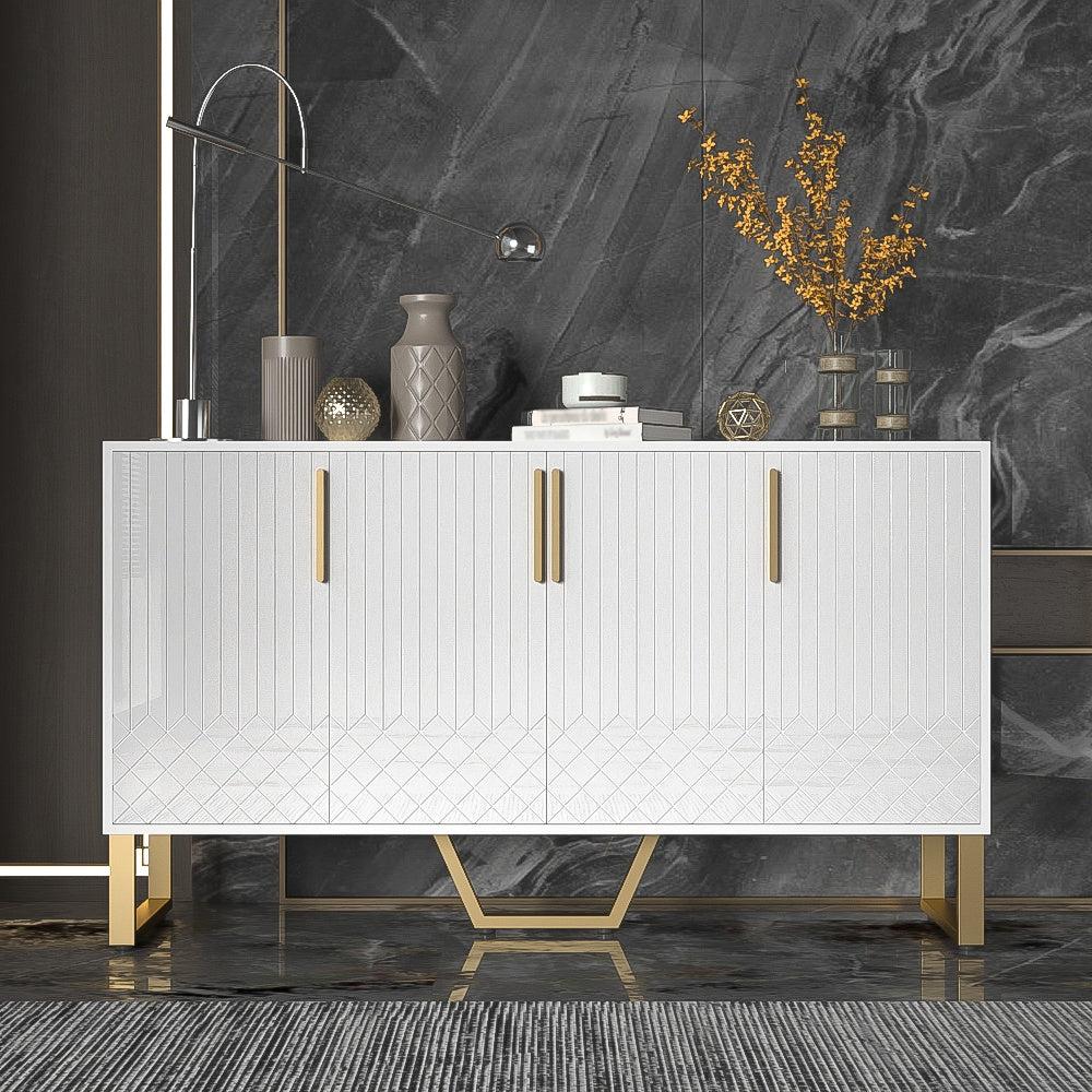 Modern White Geometric Storage Cabinet with 4 Doors - Freestanding Organizer, Easy Assembly, Spacious Interior for Living Room, Dining Room, Entryway - Sturdy Metal Construction, Space-Saving Design (140x40x80cm/55x16x31.5in)