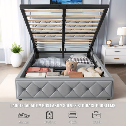 Bed – Slaapbed – Opbergbed – Stofvrij Bed – Gestoffeerd Bed – 140x200 cm – Gaslift Opbergruimte – Lichtgrijs Synthetisch Leer