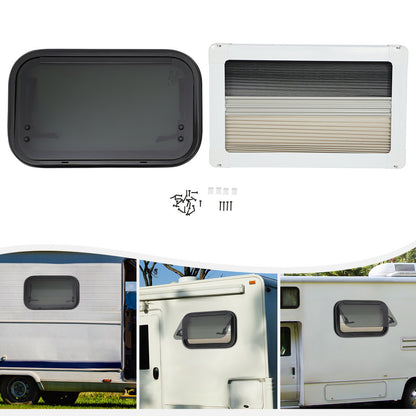Caravanraam – Camperraam – Schuifraam – Uitzetraam – Zijraam – Aluminium Frame – Zwart Gehard Glas – 500x300mm – Inclusief Hor en Zonwering