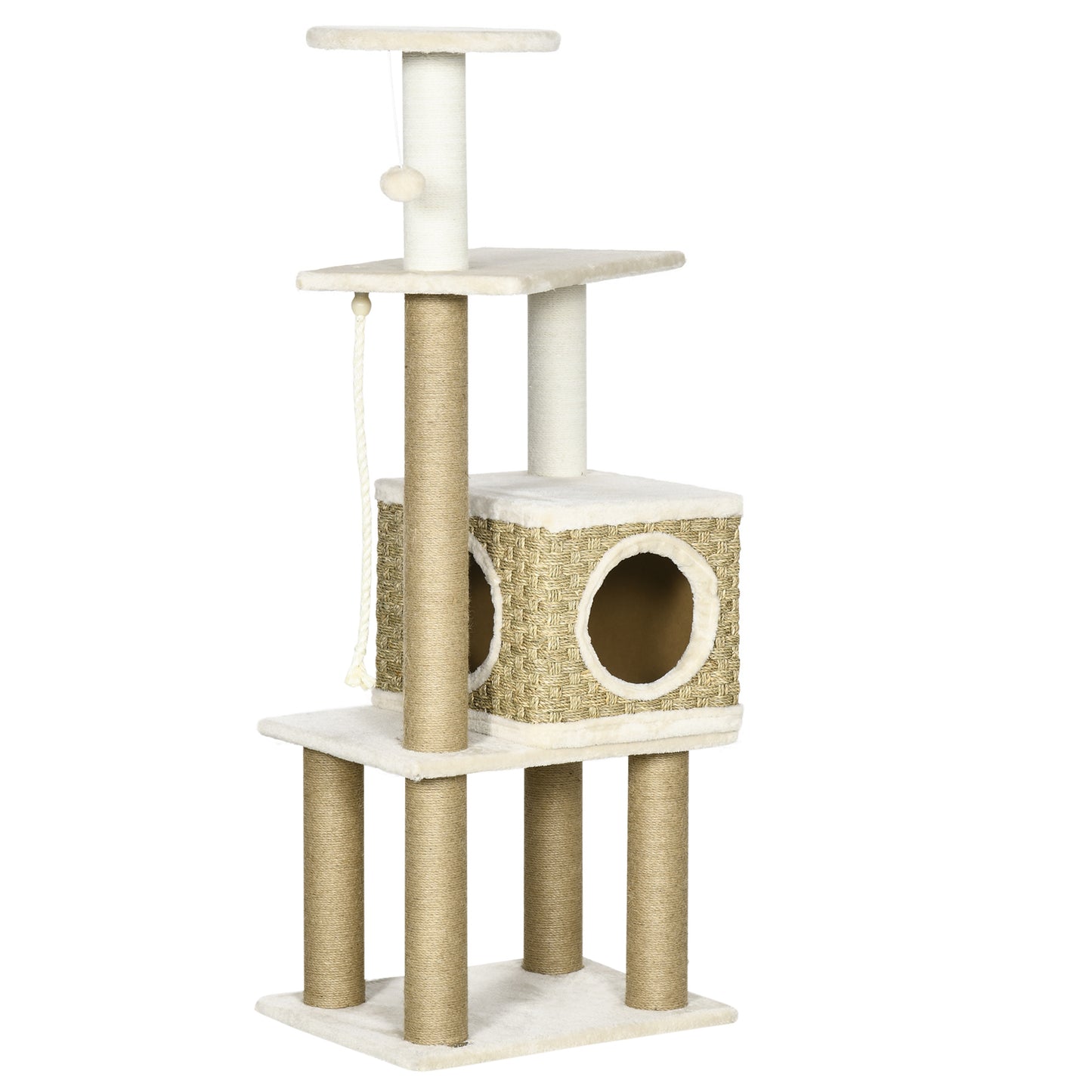 Kattenklimpaal – Krabpaal – Klimtoren – Kattenboom – Kattenhuisje – 128 cm Hoog – Duurzaam Zeegras & Zachte Pluche – Beige