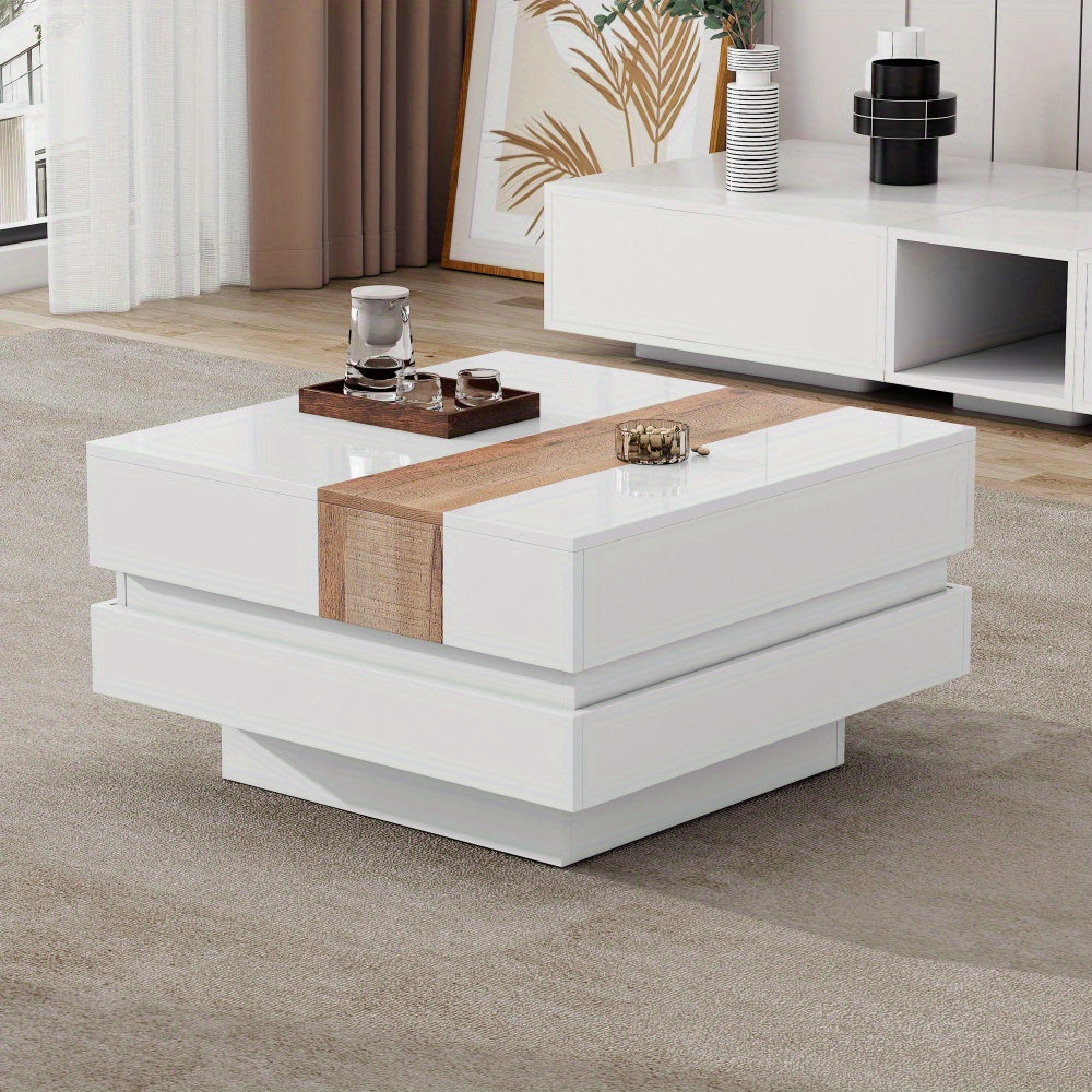 Modern White Metal Coffee Table with Extendable Top & Hidden Storage Shelves - 70x70x39cm, High-Gloss Finish, Square Design for Living Room, Bedroom, Office - Space-Saving Side Table with Drawers, Coffee Table for Living Room