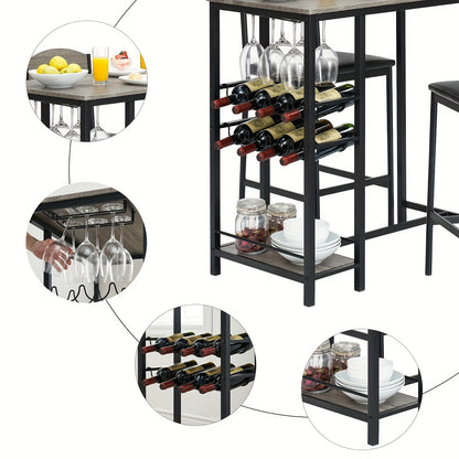 Bartafel Set – Barset – Hoge Eettafel – Bistro Set – Keukentafel Set – Industrieel Design – Inclusief 2 Barkrukken, Wijnrek En Glazenhouder – Compact Voor 2 Personen – Bruin