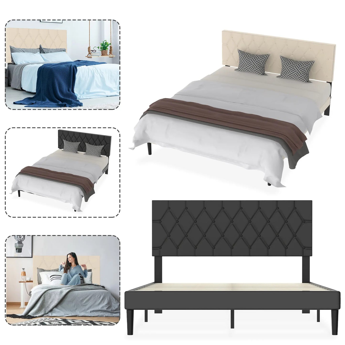 Modern Upholstered Bed: 90/140/160x200 cm with Soft Fabric, Sleek Minimalist Style, and 300kg Load Capacity in Black/Beige Leather style