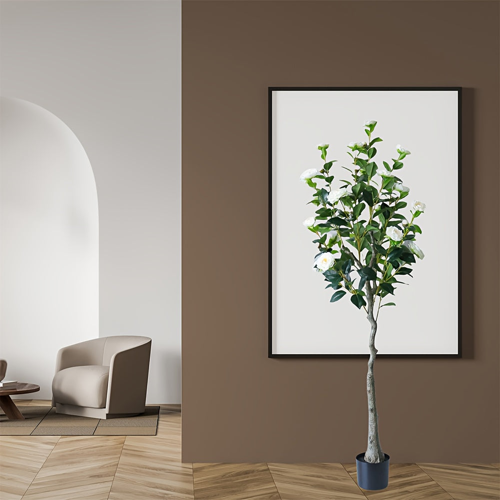 2pcs Artificial Camellia Tree with Realistic Trunk & Lush Green Leaves - 150cm/180cm Tall Fake Plants with White Flowers, All-Season Indoor/Outdoor Silk & Plastic Trees in Black Pots for Home, Office, Porch, Patio - Low Maint