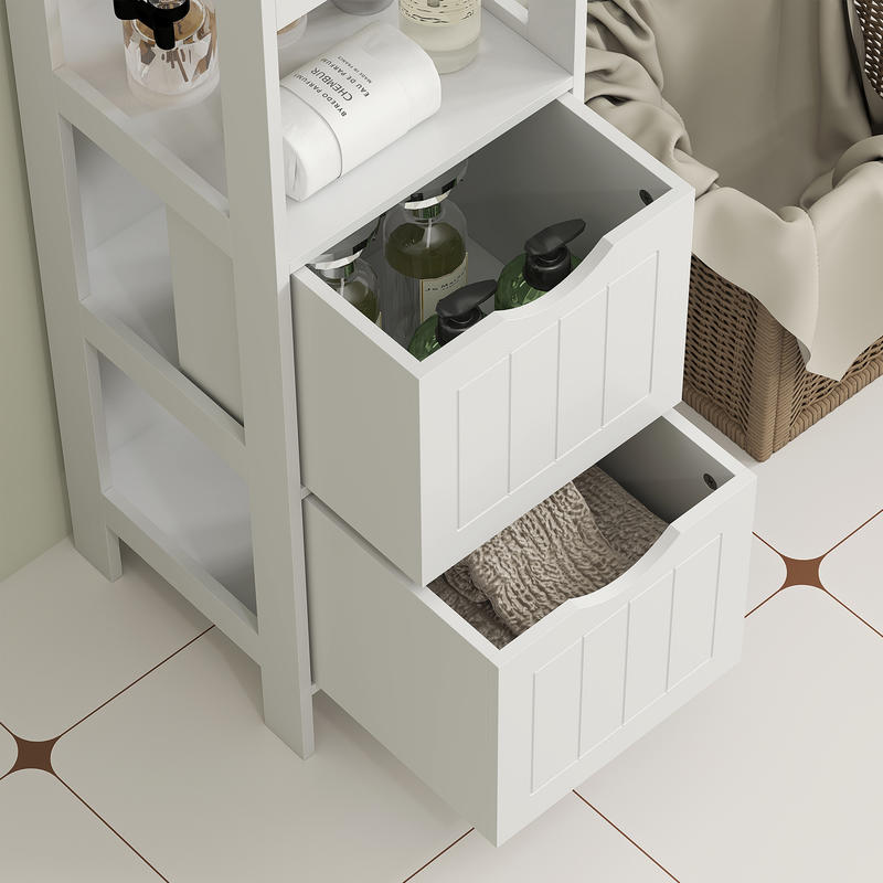 Compact MDF Freestanding Bathroom Shelf with 2 Drawers & 3 Open Shelves - Space-Saving Modern Bathroom Cabinet with Black Knobs, Moisture-Resistant Storage Organizer for Small Bathrooms, No Installation Required, Sturdy MDF C