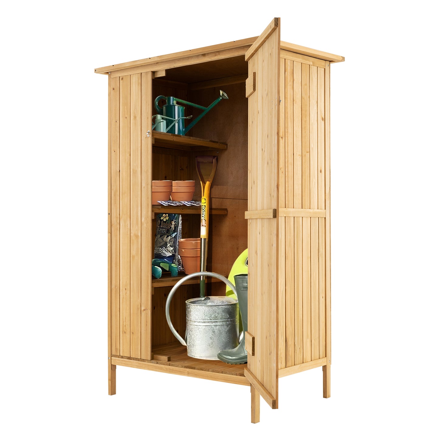 Buitenopbergkast – Tuinschuur – Tuinkast – Gereedschapskast – Houtopslag – Natuurlijk Grenenhout – Asfalt Dak – 3 Planken Met 5 Haken – Vergrendelbare Deur
