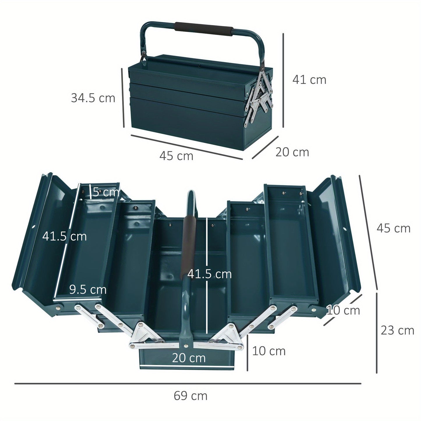 Gereedschapskist – Gereedschapsbox – Opbergkist – Gereedschapsdoos – Opbergbak – Donkergroen Staal – 5 Vakjes Inklapbaar – 45x22,5x34,5 cm Compact & Robuust