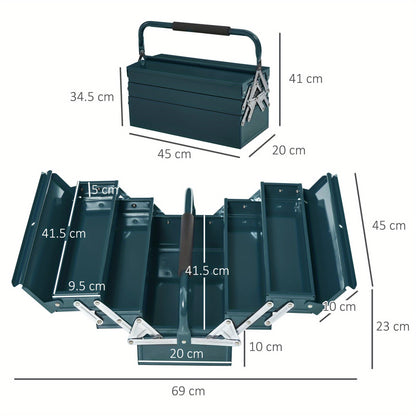 Gereedschapskist – Gereedschapsbox – Opbergkist – Gereedschapsdoos – Opbergbak – Donkergroen Staal – 5 Vakjes Inklapbaar – 45x22,5x34,5 cm Compact & Robuust