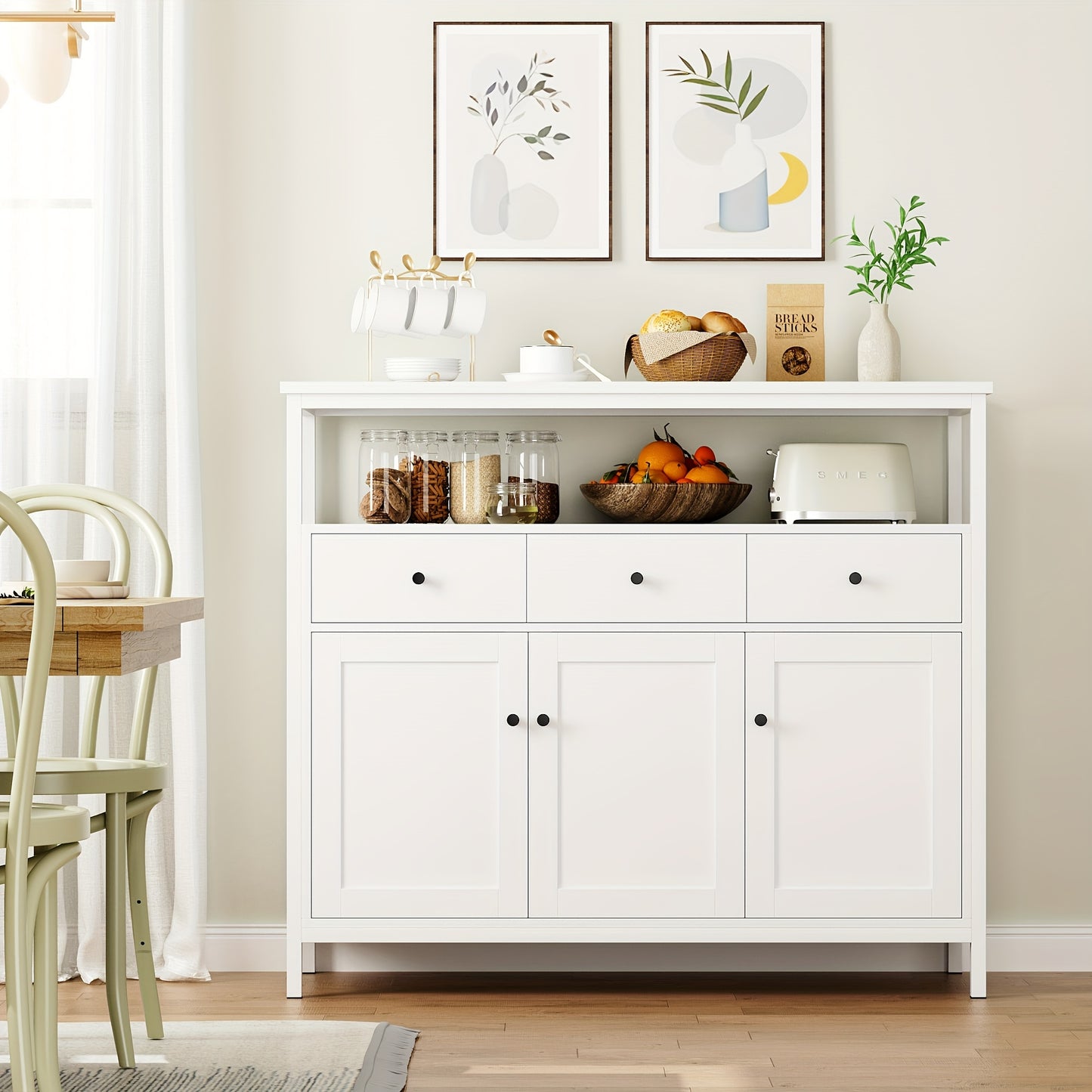 Witte Kast – Dressoir – Opbergkast – Sideboard – Buffetkast – Massief Hout – Verstelbare Planken – 3.2+ Kubieke Voet Capaciteit