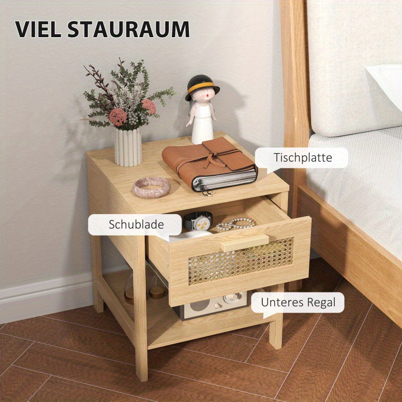 Nachtkastje – Nachtkastjes – Bijzettafel – Ladekast – Bedtafeltje – Natuurlijk Rattan Design – Compact 40x40x48,4 CM Met Lade en Open Plank