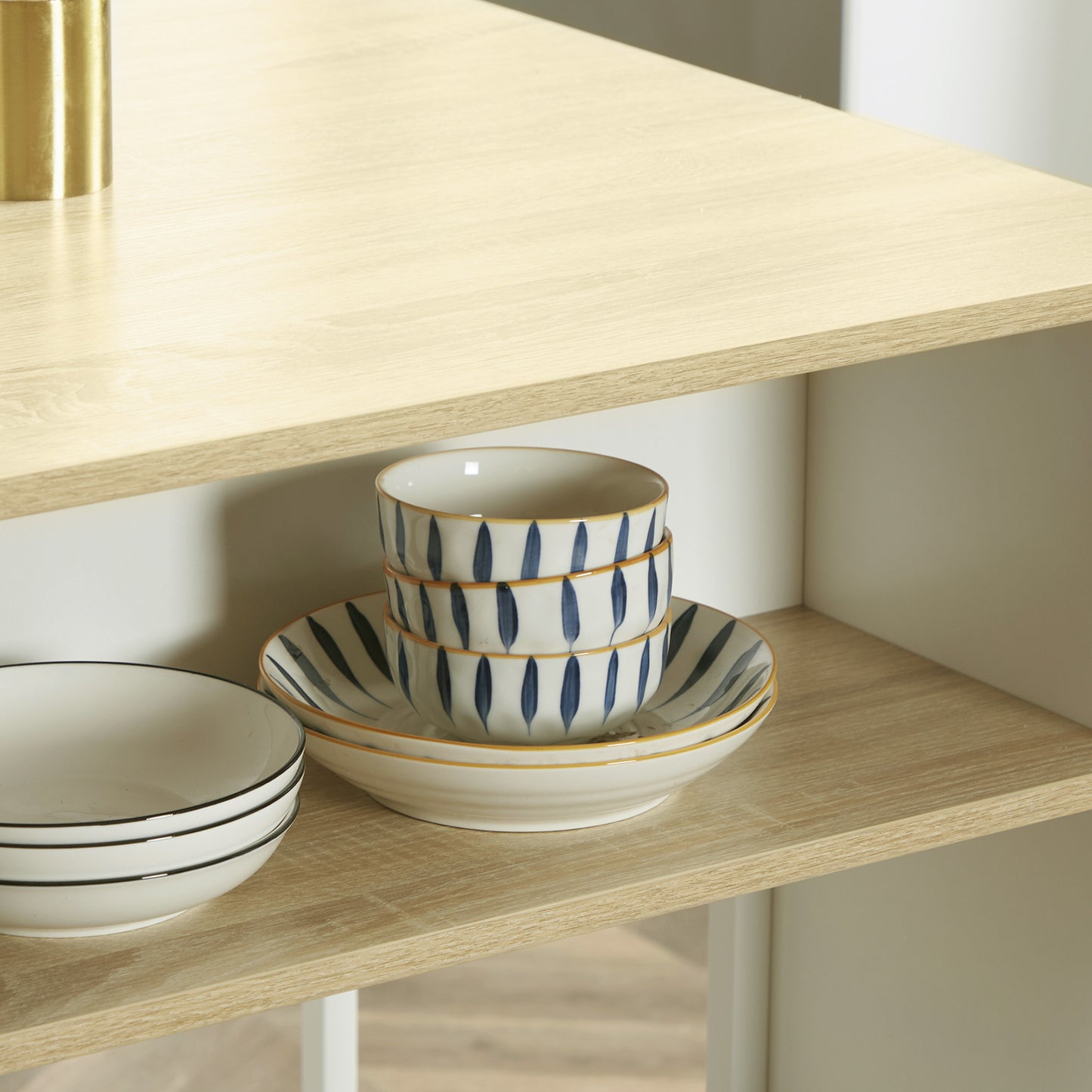 Keukeneiland – Keukenwagen – Kookeiland – Werktafel – Keukentrolley – 3 Open Planken – Roestvrijstalen Messenhouder – 105x65x90 cm – Wit/Naturel