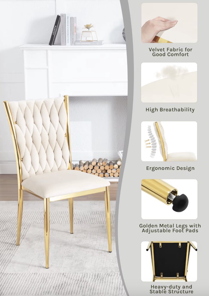 Dining chair - Set of 2 chairs - Velvet dining chair - Dining room chairs - Dining table chair - Velvet - Velvet - Braided pattern - Gold leg - Metal - White - Gold