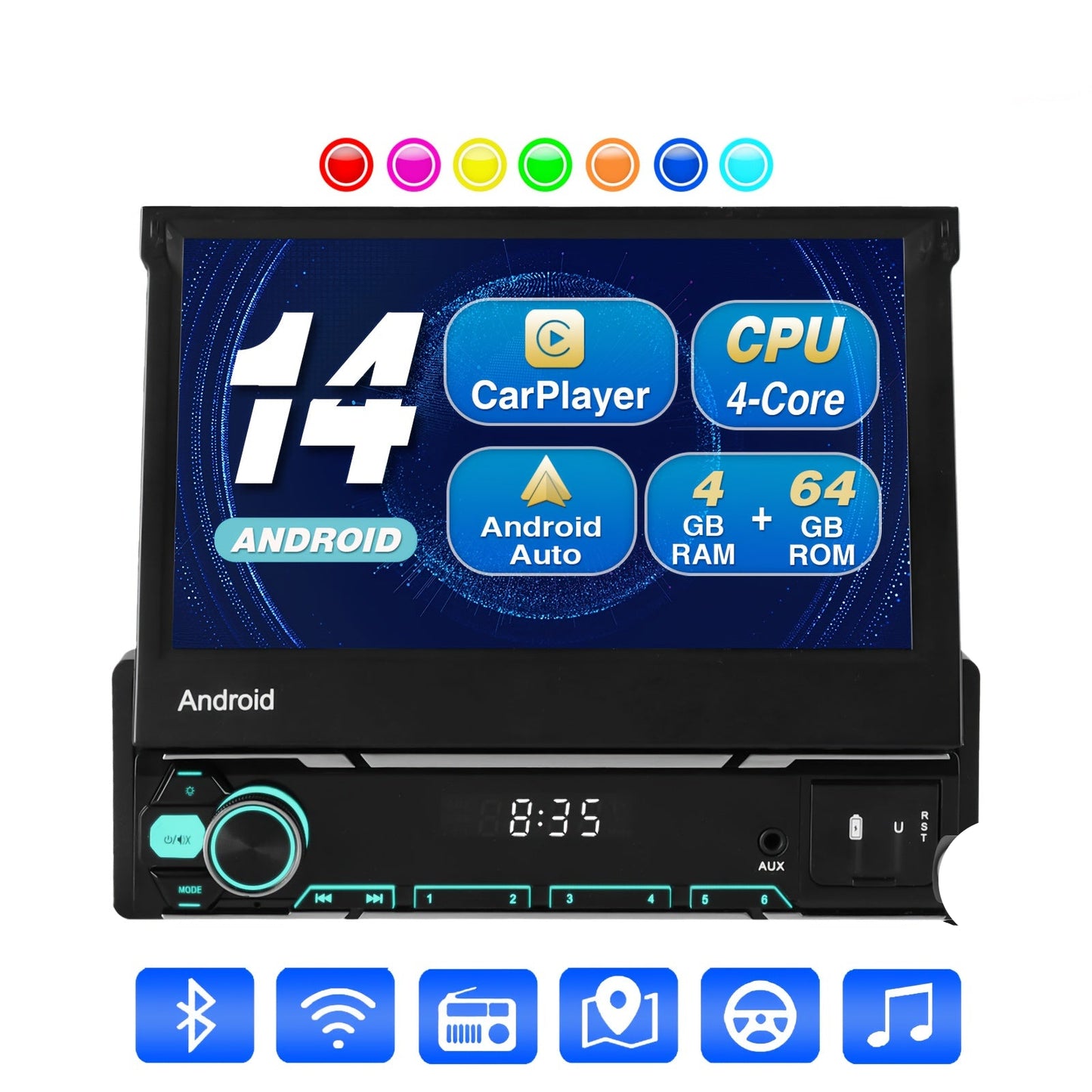 Autoradio – Car Stereo – Multimedia Speler – Inbouwradio – Autoradio 1 DIN – 7 Inch Flip-Out Touchscreen – Draadloze CarPlay & Android Auto