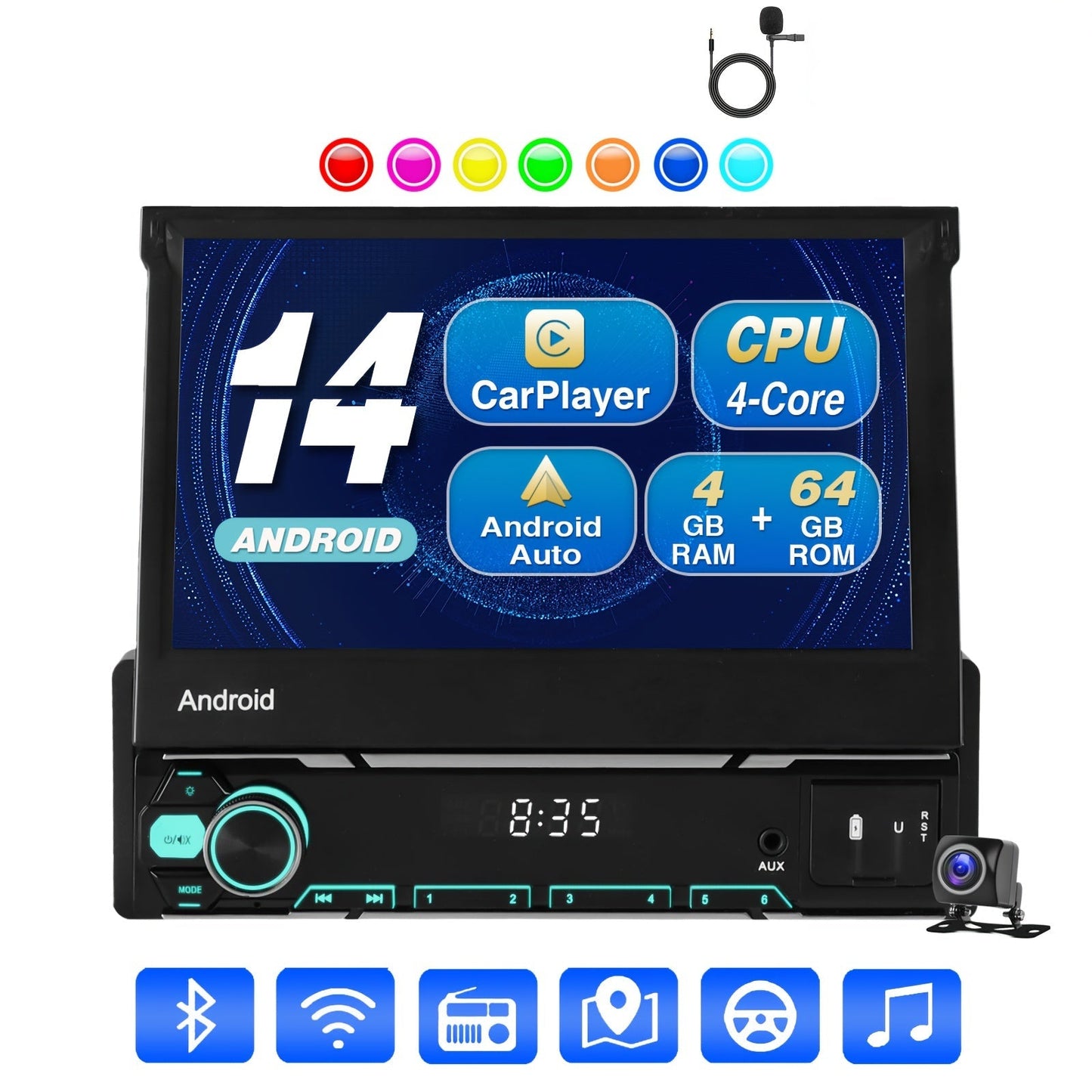 Autoradio – Car Stereo – Multimedia Speler – Navigatiesysteem – Single DIN – Android 14 – 7 Inch IPS Flip Out Touchscreen – Draadloos CarPlay & Android Auto – Met Camera & Microfoon