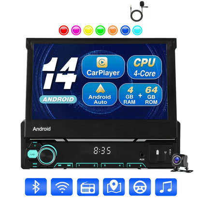 Autoradio – Car Stereo – Multimedia Speler – Navigatiesysteem – Single DIN – Android 14 – 7 Inch IPS Flip Out Touchscreen – Draadloos CarPlay & Android Auto – Met Camera & Microfoon