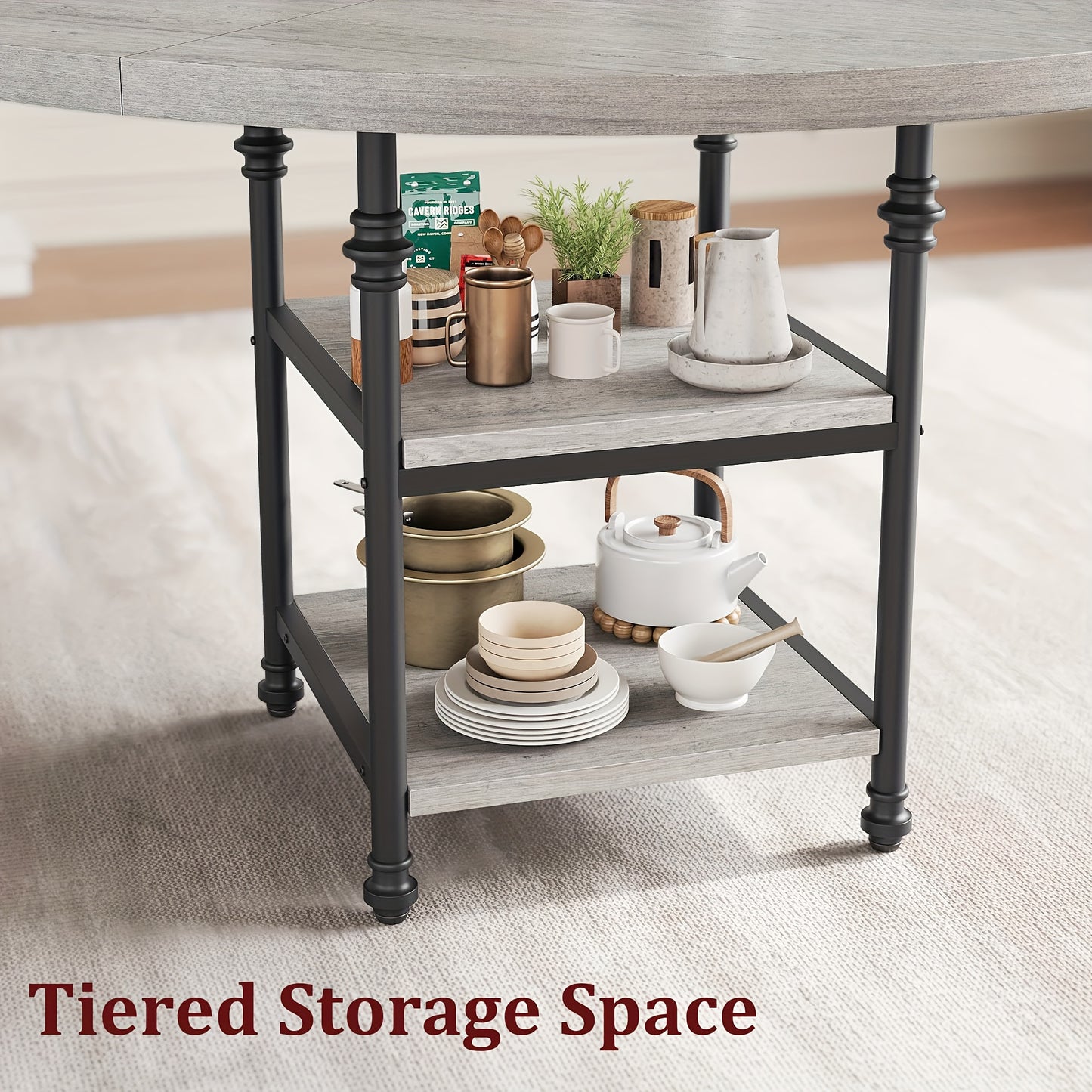 Eettafel Rond – Ronde Keukentafel – Eetkamertafel – Ronde Tafel – Eethoek – 4 Persoons – 3 Opbergplanken – 4,06 cm Dik Houten Blad Met Metalen Poten – Compact Modern Grijs Design