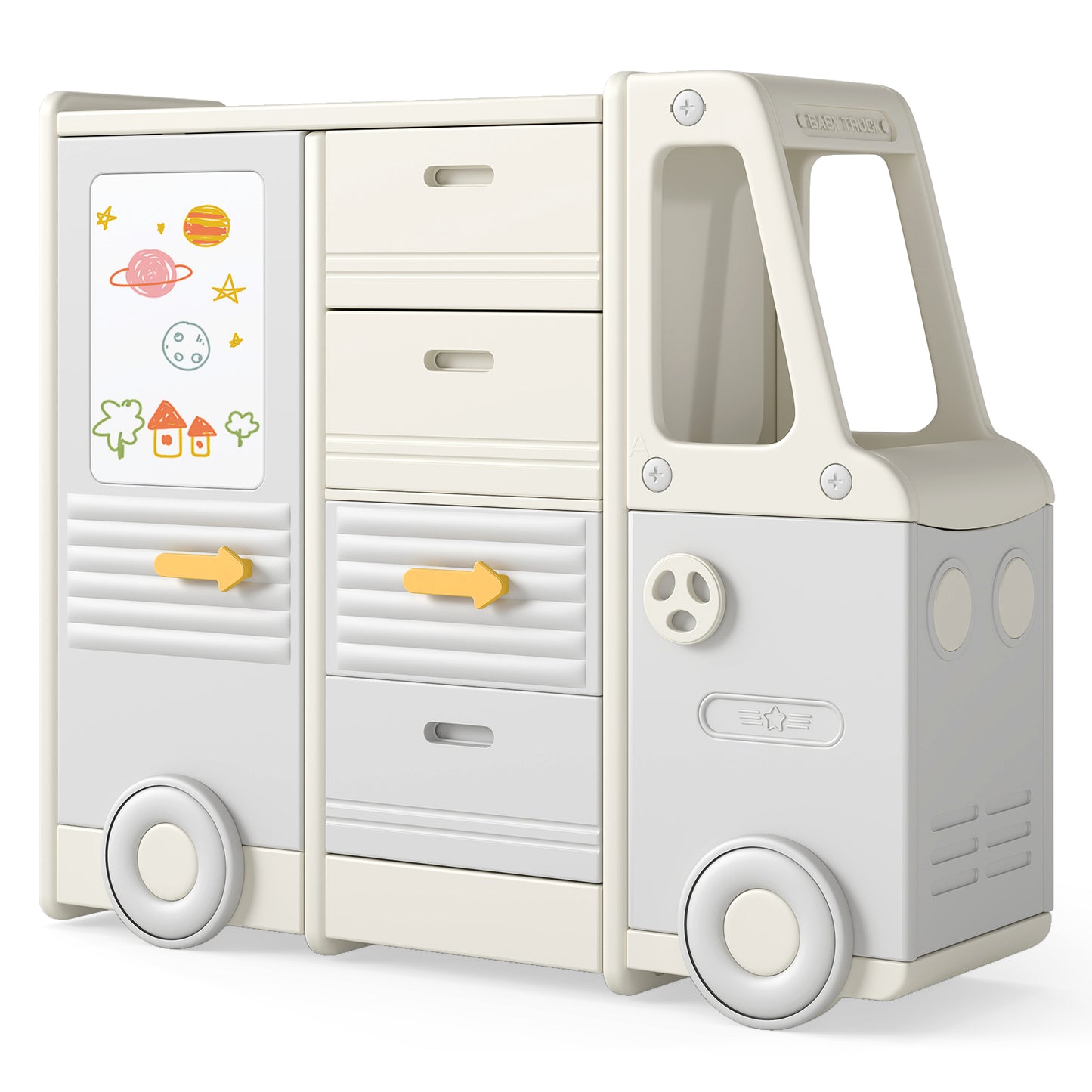 Speelgoedopberger – Speelgoedkist – Opbergkast – Opbergbox – Opbergmand – Busvormige Kinderkast – Kunststof Met 4 Uittrekbare Lades – Ruime Grijs-Beige Afwerking