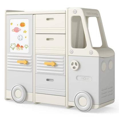 Speelgoedopberger – Speelgoedkist – Opbergkast – Opbergbox – Opbergmand – Busvormige Kinderkast – Kunststof Met 4 Uittrekbare Lades – Ruime Grijs-Beige Afwerking