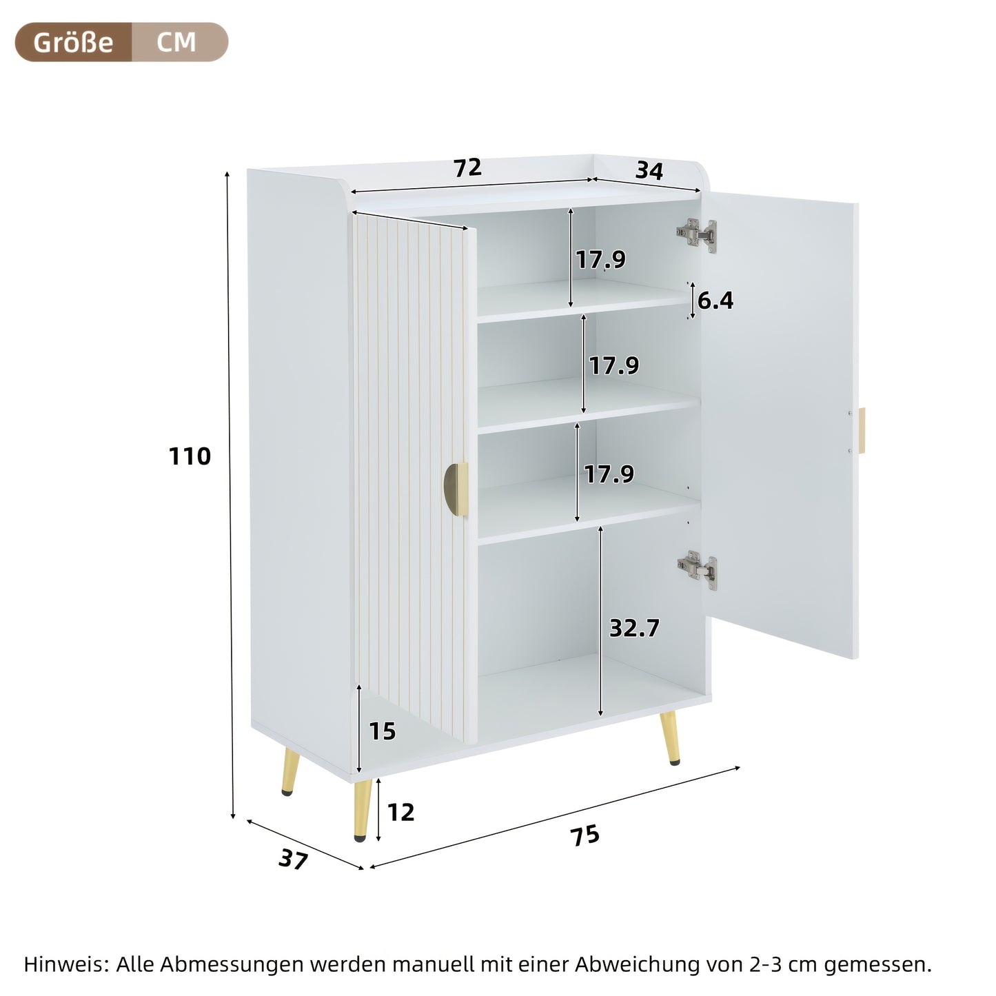 Schoenenkast – Schoenkast – Schoenenrek – Schoenenopberger – Schoenenkast Hal – Wit Bamboe – Dubbele Deuren – 3-Lagen – 20kg Draagkracht – Vrijstaand – Ruimtebesparend – 75x35x110 cm