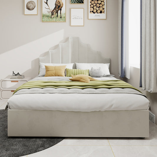Bedframe – Bed – Tweepersoonsbed – Slaapbank – Bedplaats – Beige Stoffen Hoofdeinde – Extra Lang 140x200 cm – Met Opbergruimte Onder Het Bed
