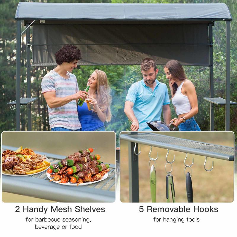 Large Outdoor BBQ Gazebo with Flame-Retardant Roof & 2 Shelves - Heavy-Duty Iron Alloy Frame, High Quality Polyester Canopy, Spacious 219.96cm x 137.92cm x 219.96cm Black Patio Shelter for Backyard, Garden, Camping - Easy Ass