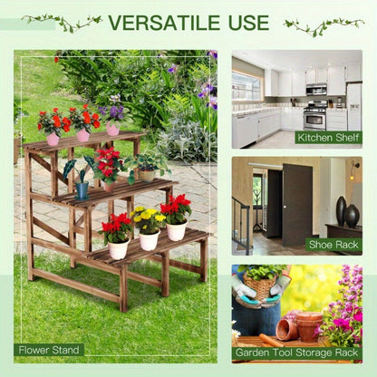 Plantenrek – Plantenstandaard – Plantentafel – Plantentrap – Bloemenrek – 3 Laags – Vurenhout Met Metalen Frame – 80 x 80 x 78 cm – Stevig & Rustiek