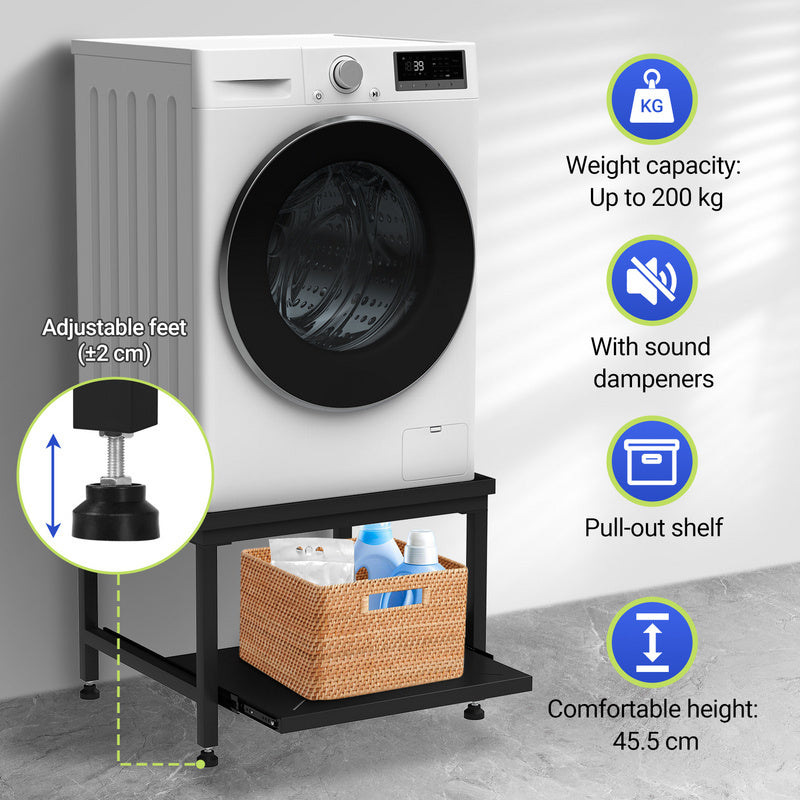 Wasmachine Onderstel – Verstelbare Wasmachine Steun – Wasmachine Verhoger – Droger Stand – Koelkast Podium – 45 cm Hoog – Schokdempend Met Uittrekbare Planken – 200 kg Belastbaar – Wit