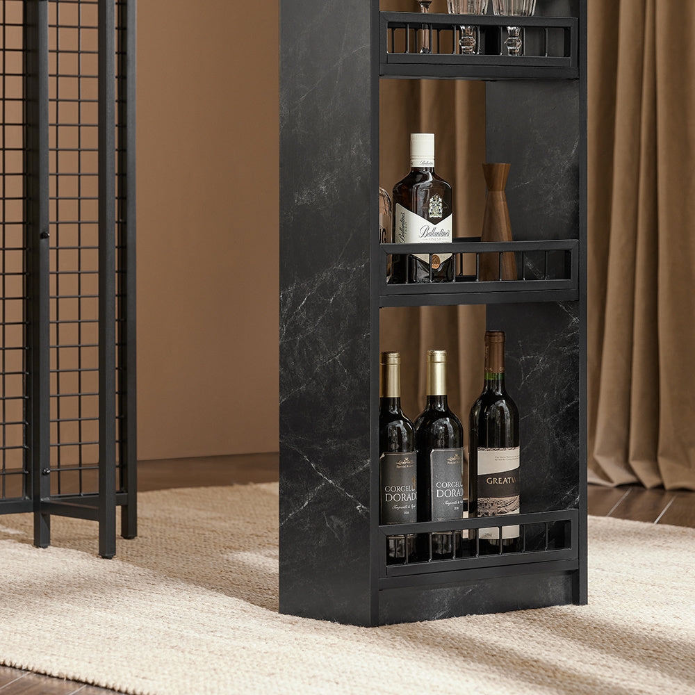 Barkast – Wijnkast – Drankkast – Barwagen – Wijnrek – Industrieel Design – Marmer Look – Zwart Metalen Frame – 120x50x105 cm – 3 Opbergrekken