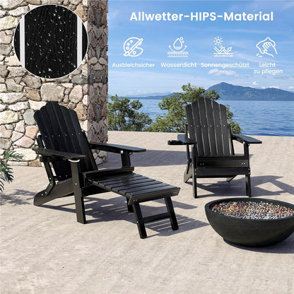 Adirondack Tuinstoel – Tuinstoel – Buitenstoel – Ligstoel – Relaxstoel – Vouwbaar Met Voetensteun – Weerbestendig Kunststof – Verstelbare Rugleuning – 180 Kg Draagvermogen – Zwart