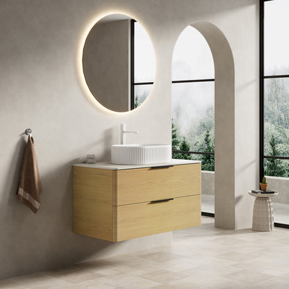 Badmeubel – Badkamermeubel – Wastafelmeubel – Onderbouwkast – Wastafel – 90 cm – Travertijn Sintered Stone Blad – Zwevend Multiplex Met Eiken Houtnerf