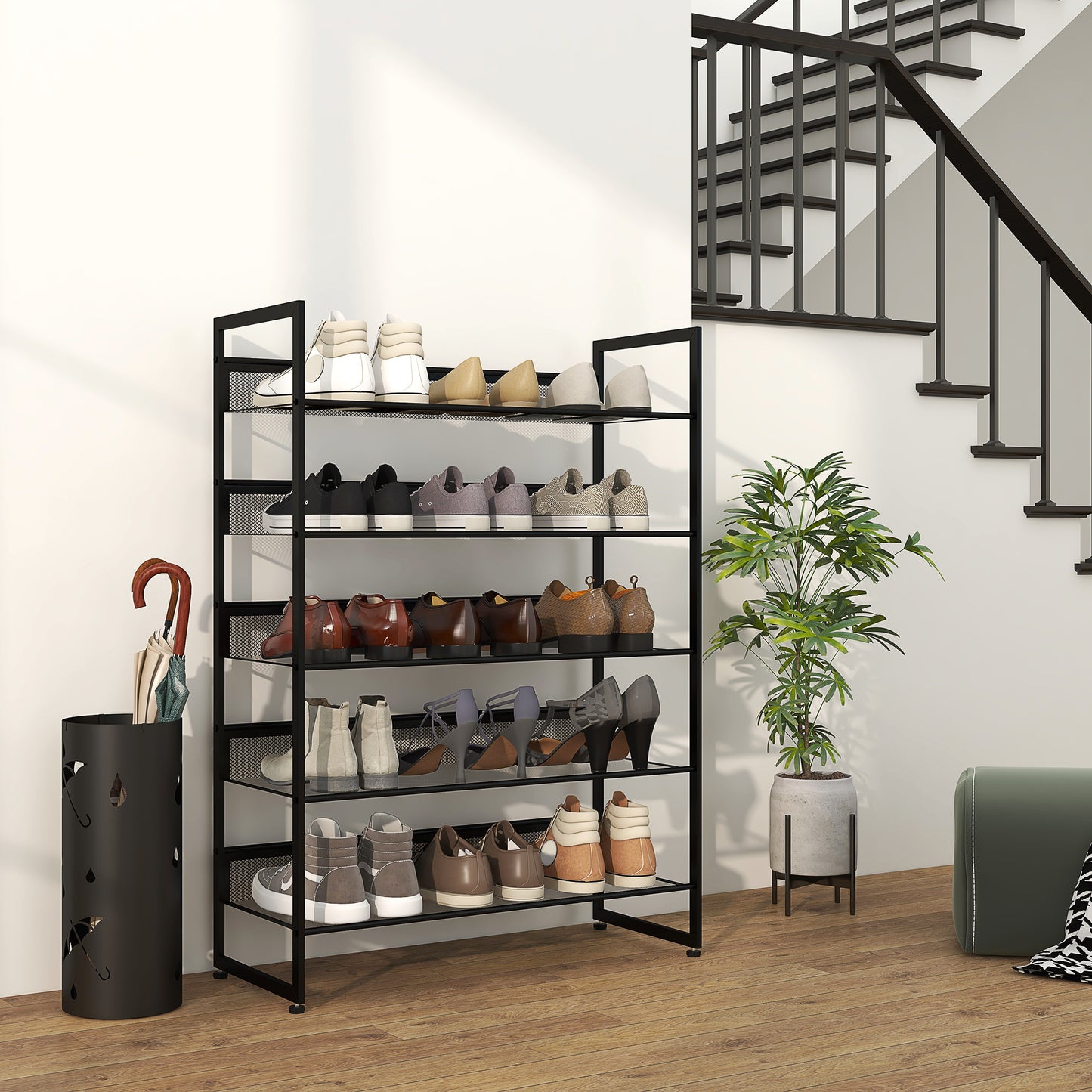 Schoenenkast – Schoenenrek – Schoenopberger – Schoenenstandaard – Schoenenmeubel – Smal En Hoog – 5-Lagen Met Ventilatie – Gelakt Staal Mat Zwart