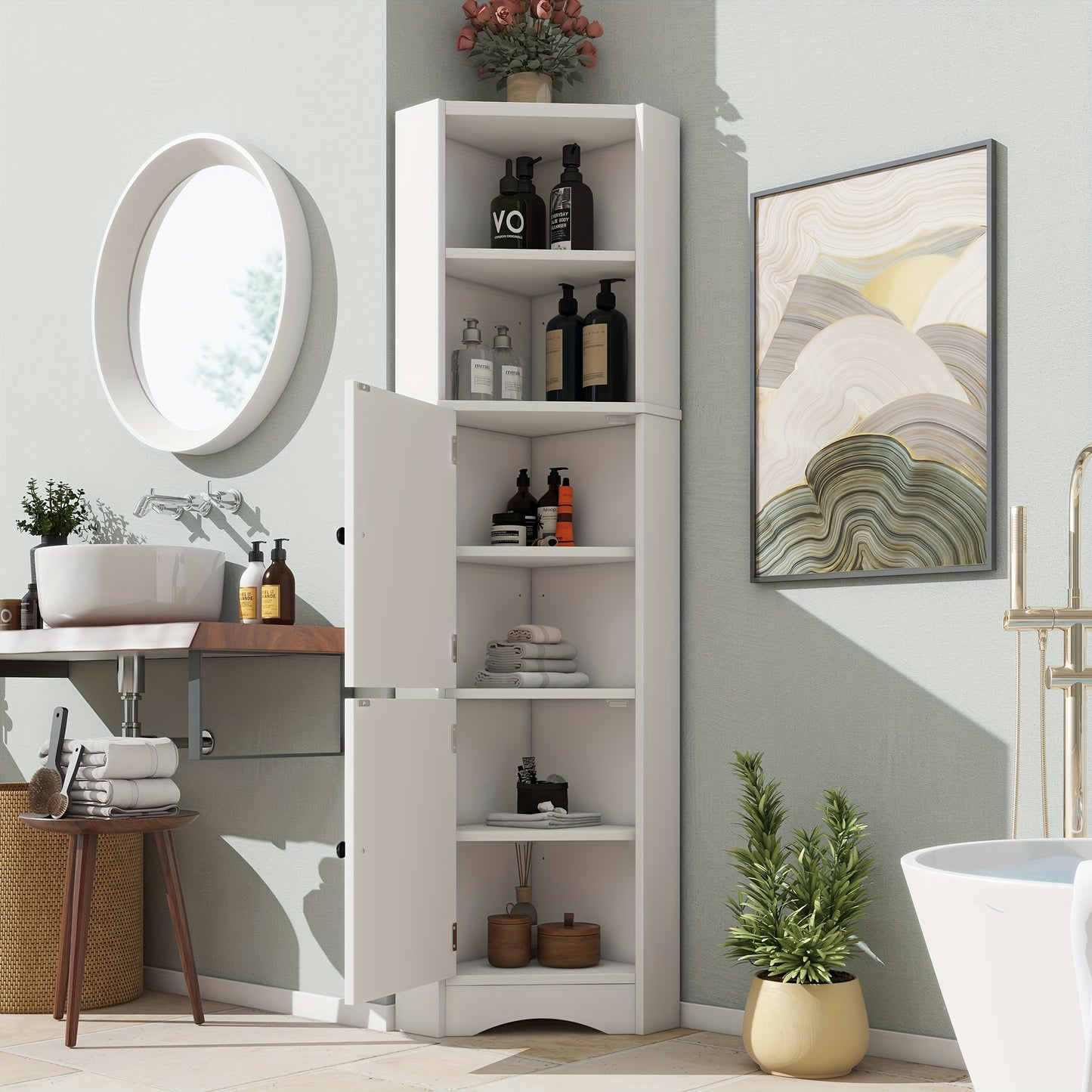 Badkamerkast – Opbergkast – Toiletkast – Wastafelmeubel – Kast Voor Badkamer – Wit – Verstelbare Schotten – Vloerstaand Kunststof