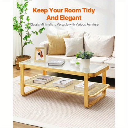 Rattan Salontafel – Rotan Tafel – Lounge Tafel – Woonkamer Tafel – Houten Salontafel – Rechthoekig Twee Niveaus – Natuurlijk Materiaal – Modern Design