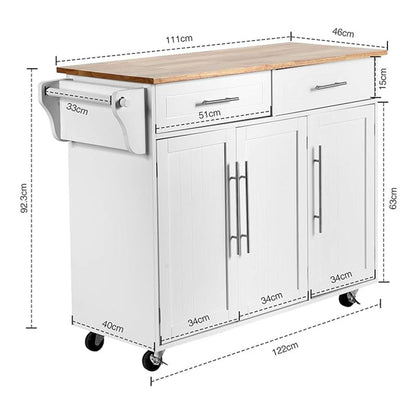 Keukentrolley – Keukenwagen – Werkplek Trolley – Servierwagen – Opbergwagen – Wieltjes Met Rem – 2 Lade + 2 Verstelbare Planken – Houten Compact Model 122x46x93 cm