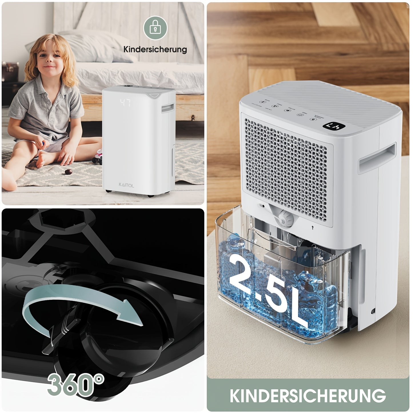 Luchtontvochtiger – Ontvochtiger – Vochtvreter – Droger – Vochtbestrijder – 20L Capaciteit – Stil Geluid <38dB – Wit – Automatische Vochtigheidssensor – 24-Uurs Timer – Grote 2,5L Tank – Mobiel Met Wieltjes