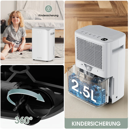 Luchtontvochtiger – Ontvochtiger – Vochtvreter – Droger – Vochtbestrijder – 20L Capaciteit – Stil Geluid <38dB – Wit – Automatische Vochtigheidssensor – 24-Uurs Timer – Grote 2,5L Tank – Mobiel Met Wieltjes