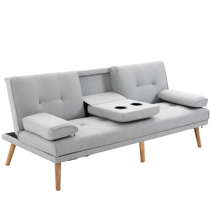 Slaapbank – 3-zitsbank – Bedbank – Uitklapbare Sofa – Stoffen Bank – Multifunctioneel Design – Inklapbaar Tafeltje Met Bekerhouders – Scandinavisch Design – Belastbaar Tot 250 Kg – Lichtgrijs Linnen Look
