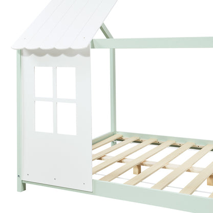 Kinderbed – Halfopen Huisbed – Huisvormig Bed – Kinderbed Frame – Bed Voor Kinderen – 90x200 cm Wood/Wit – Massief Dennenhout – Sfeervolle Decoratieve Ramen