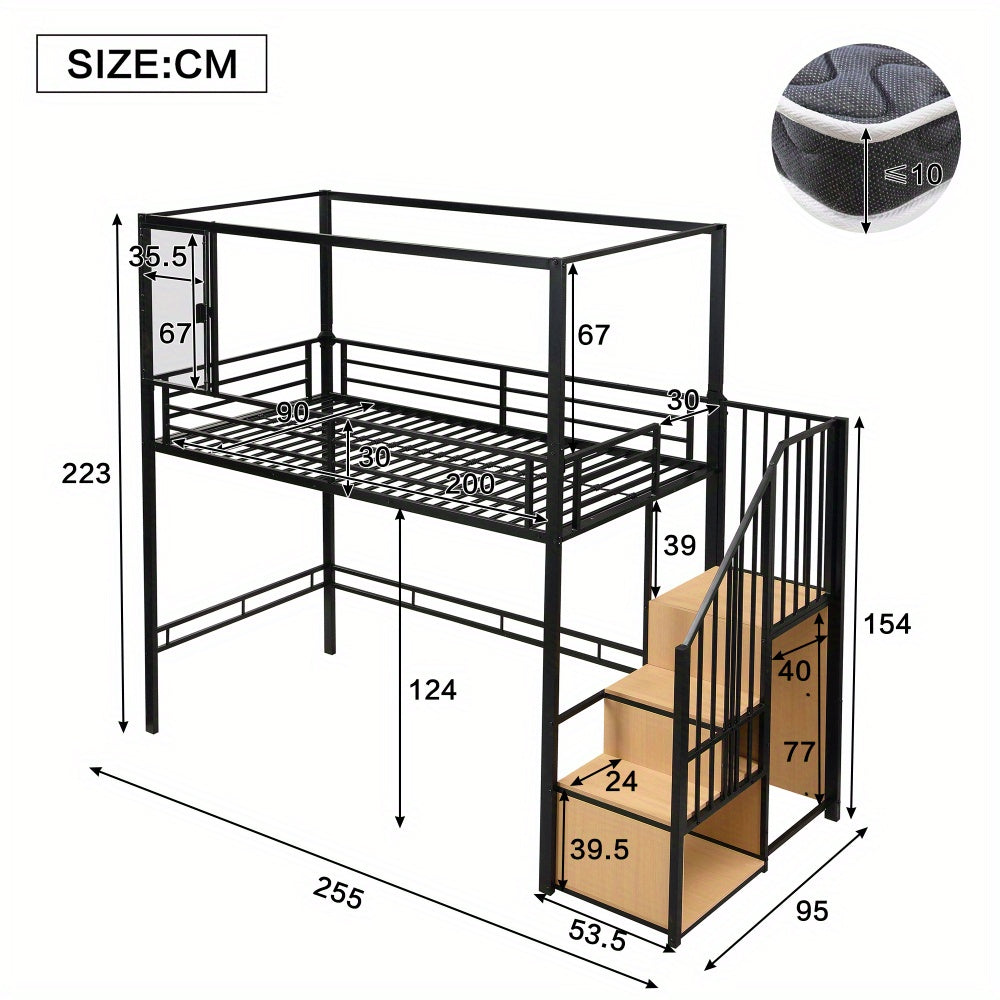 Hoogslaper – Kinderhoogslaper – Stapelbed – Eenpersoonsbed – Bedframe – Met Trap en Kledingkast – Stabiel Metalen Frame – Magnetische Deur – Ruimtebesparend 90x200 cm – Modern Industrieel
