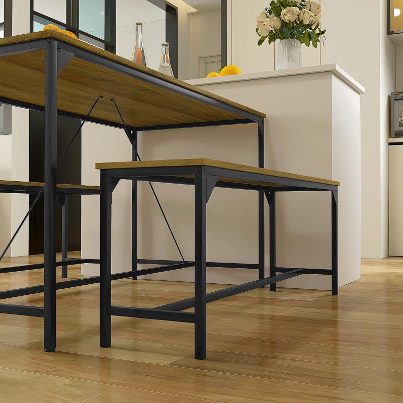 Eettafelset – Eettafel – Eetkamer Tafel – Keukentafel – Zitgroep – Stijlvol Ontwerp – MDF En Massief Hout – 4 Personen – Met 2 Banken