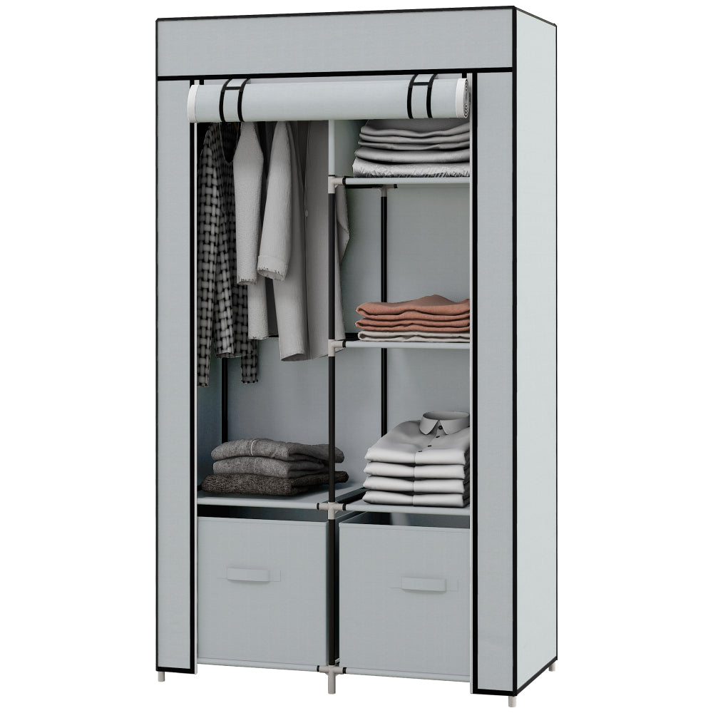 Kledingkast – Garderobekast – Opbergkast – Kleerkast – Vouwkast – 5 Kledingstangen – Stevig Metalen Frame – Lichtgrijs Textiel – Inklapbaar – Makkelijk Te Monteren