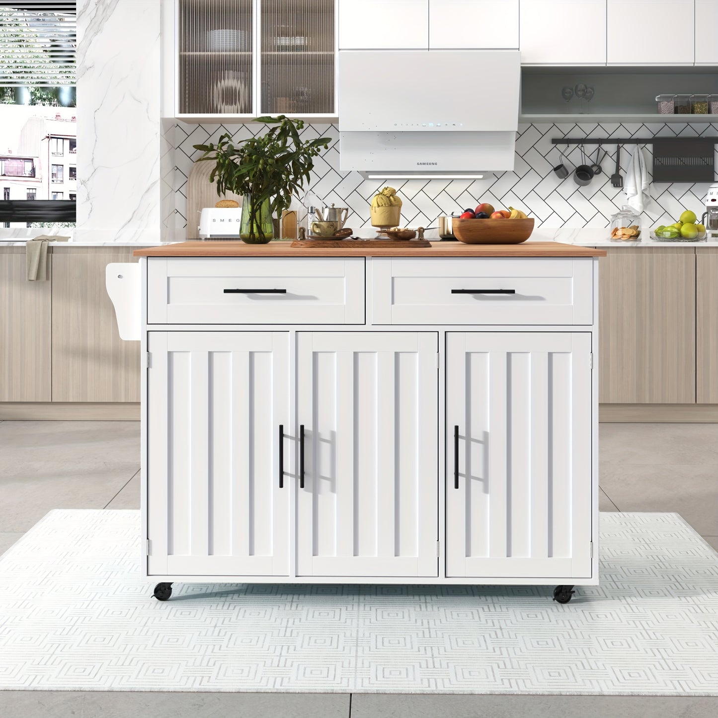 Keukentrolley – Serveerwagen – Keukenwagen – Opbergtrolley – Mobiele Kast – Wit – Massief Houten Werkblad – Verstelbare Voeten – 129x46 cm – Verrijdbaar Met Remmen